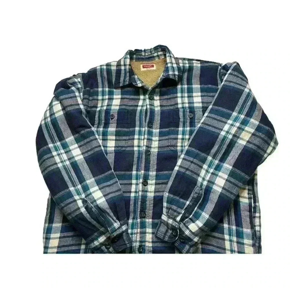Wrangler Heavy Flannel Shacket Sherpa Lined Jacket Mens M Blue Plaid flaws - Picture 5 of 9
